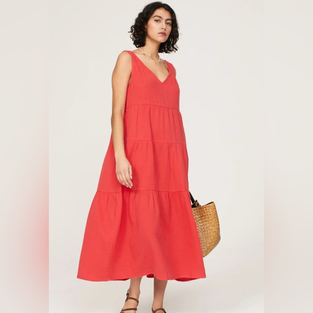 Marine Layer Coral Red Tiered Midi Dress